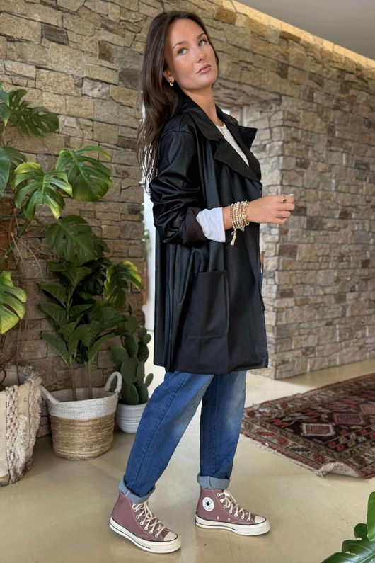 Made in Italy Runa Leather Look Relaxed Blazer Black